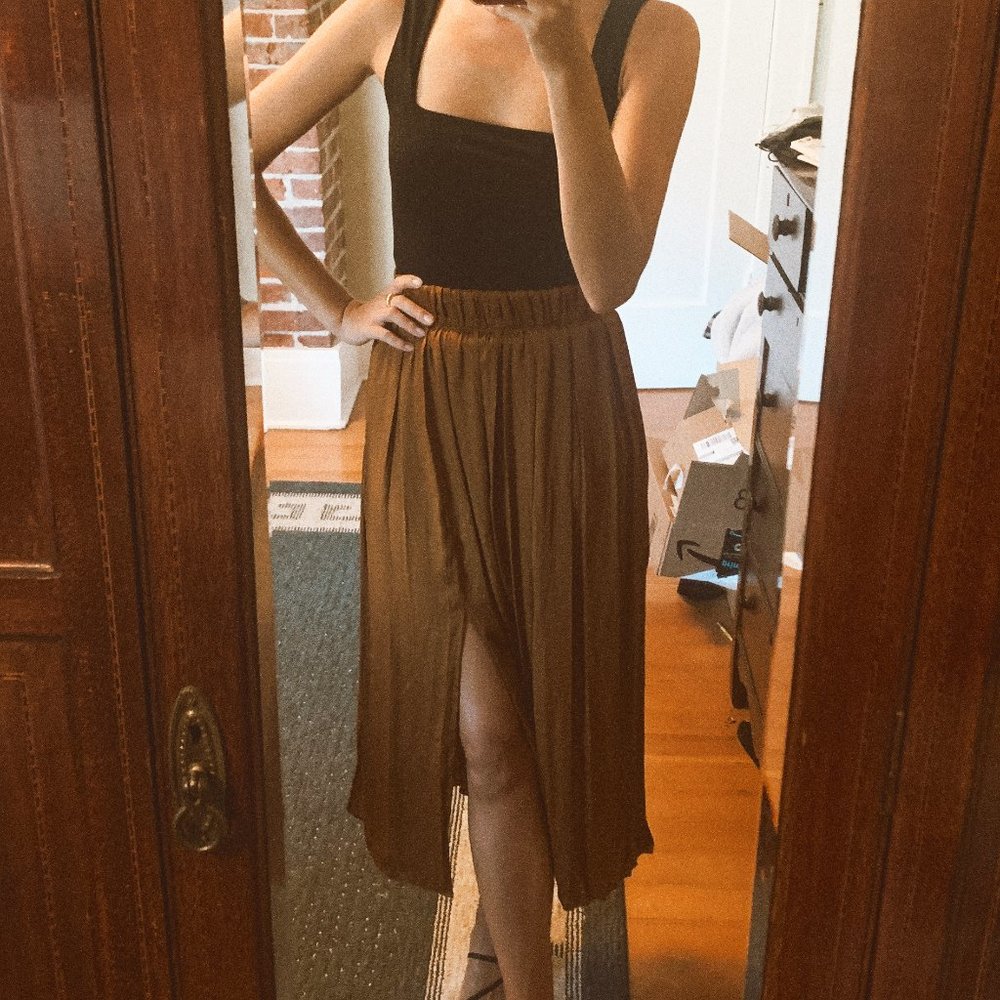 Brown High-Slit Midi Skirt